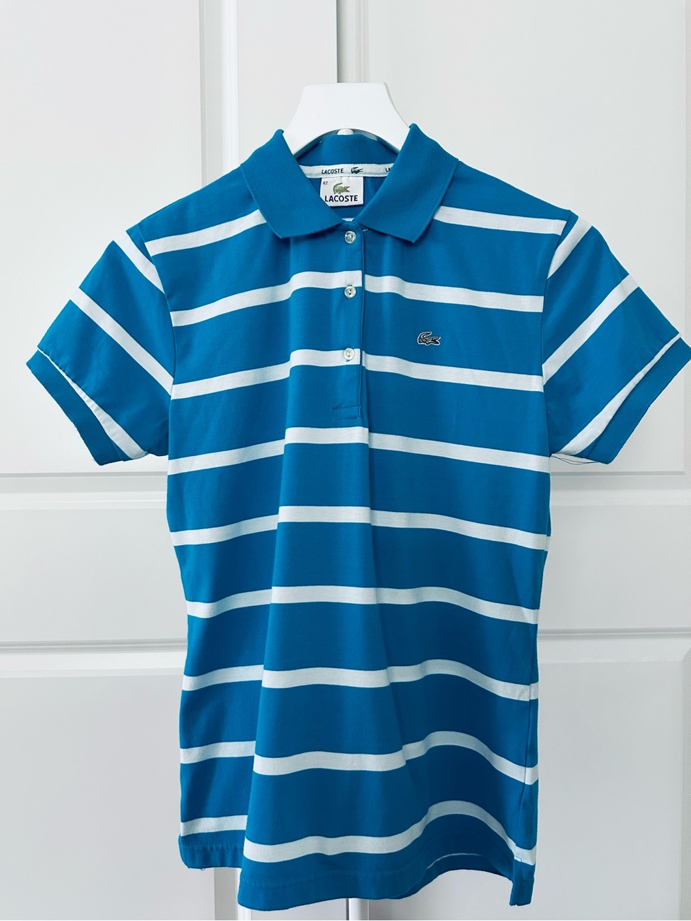 Women’s Lacoste Teal Blue & White Striped Polo Shirt Size 42